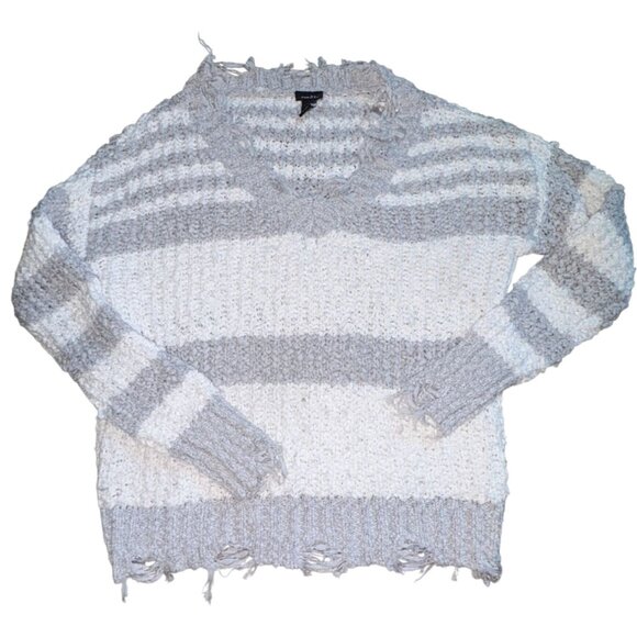 Rue 21 Womens Oversized, Distressed V-Neck, Soft Sweater-Gay/White-Size Small-GU - Picture 1 of 5